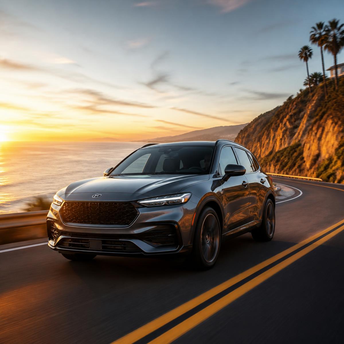 Modern SUV driving on a coastal road at sunset